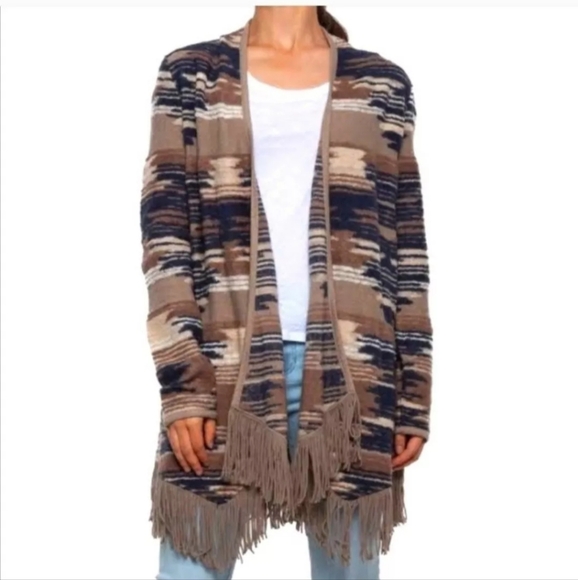 LUCKY BRAND Sz L Aztec Fringe Brush Knit Cardigan Open Sweater Boho Chic Western - Picture 1 of 15